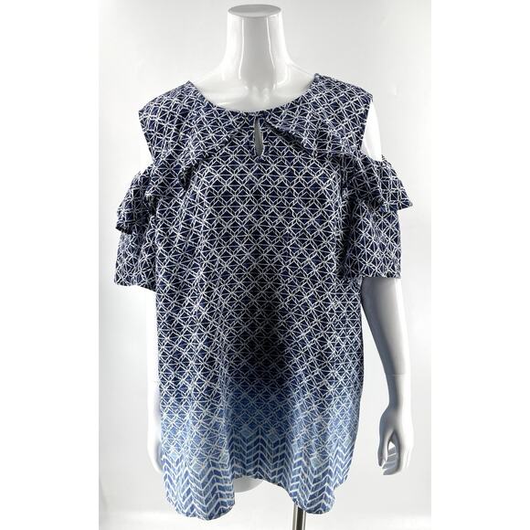 Catherines Womens Georgette Open Shoulder Top Plus Size 2X Ruffle Ombre Blue - Picture 1 of 6